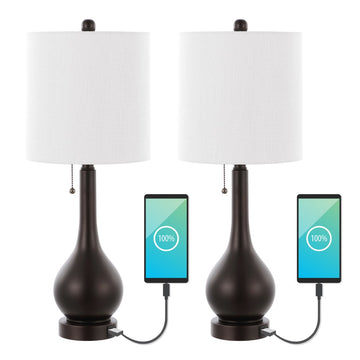 Tyler 24" Modern Classic Gourd Iron LED Table Lamp with Pull-Chain with Dual USB Charging Port - JONATHAN Y